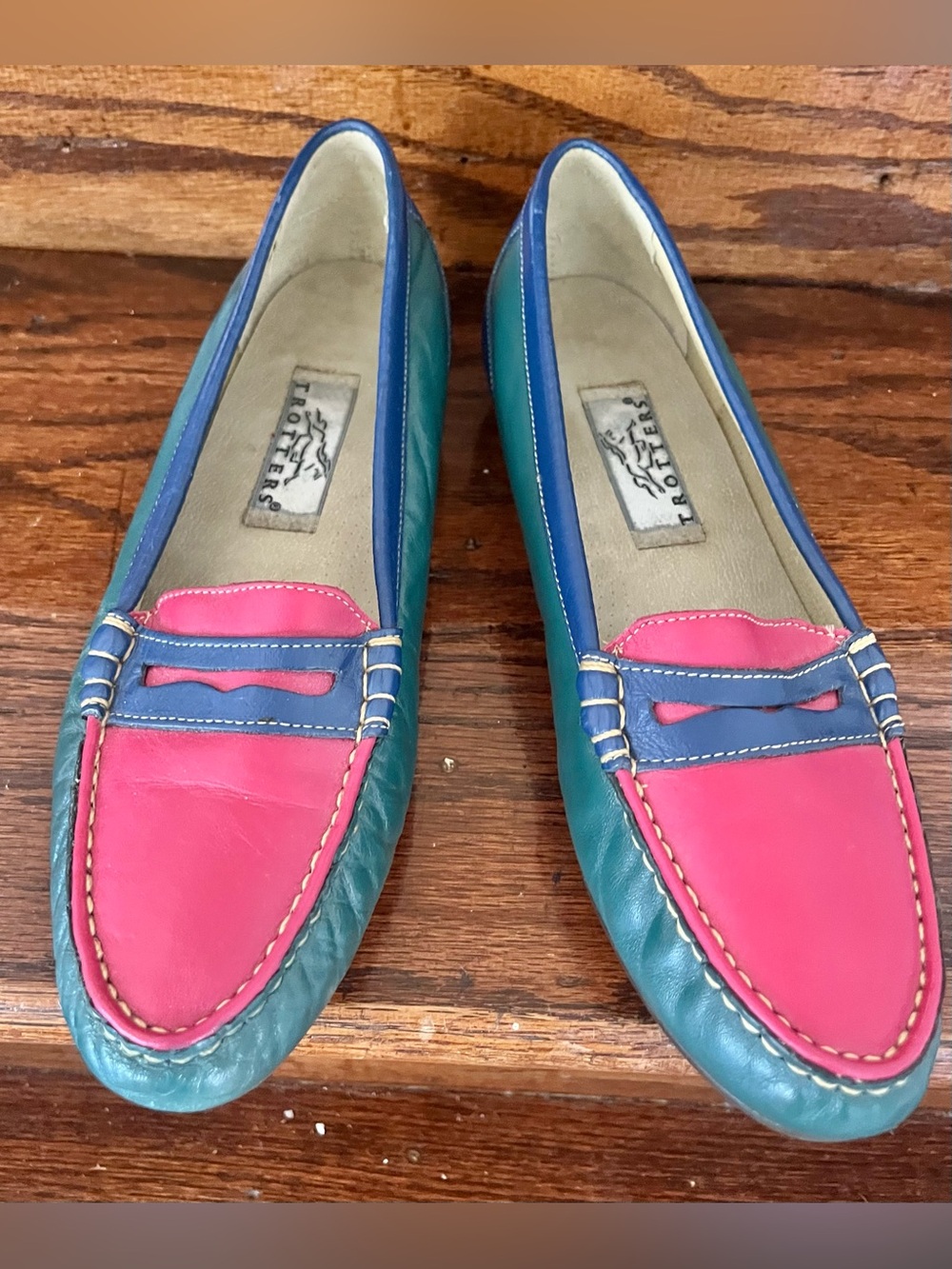 Vintage 90s Trotters Loafers Women 9N Colorblock Leather Pink Green Blue Slip On